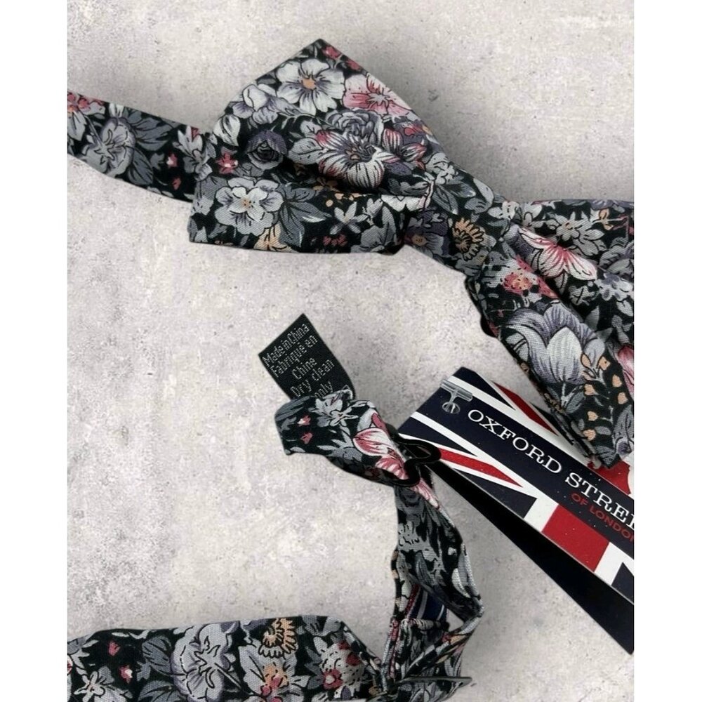 NEW OXFORD STREET Cotton Bow Tie Pocket Square 29.6" Gray Pink Floral W:2.6" - Picture 6 of 8